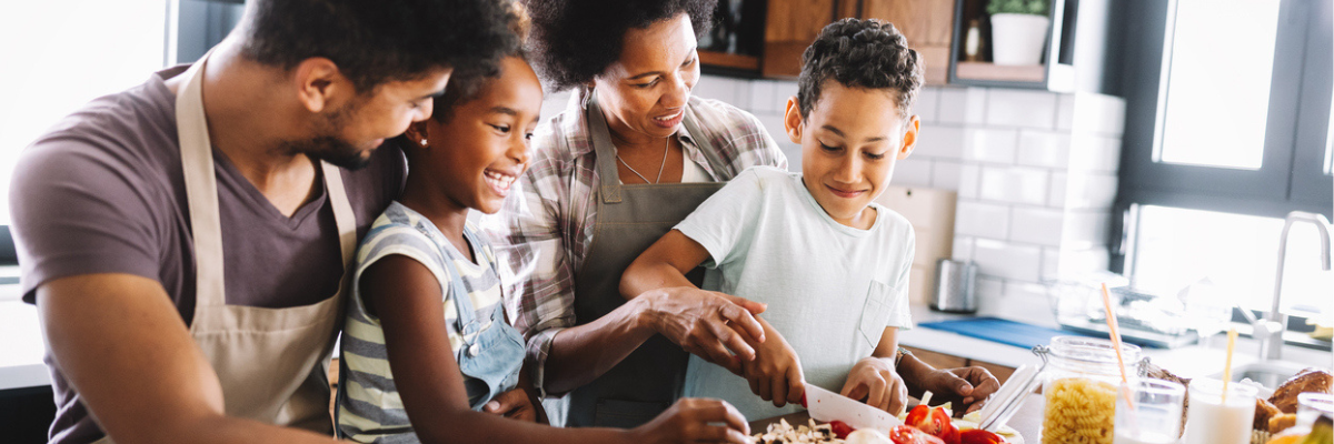 family making dinner