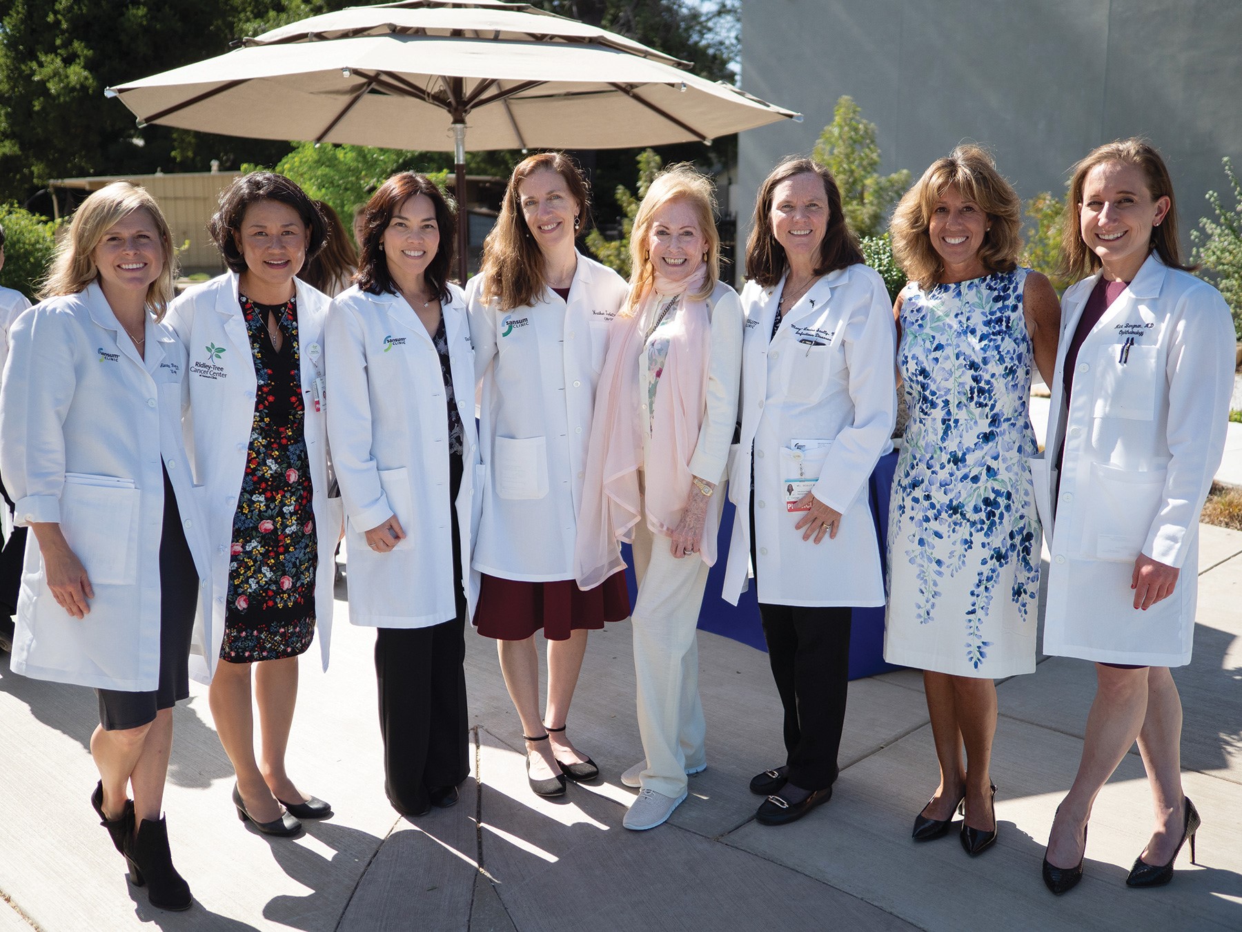 Julie Nadel (center in pink scarf) with Dr. Marjorie Newman (second from right) and the panelists from the May 2019 Spring into Good Health event hosted by the Women’s Council of Sansum Clinic. Drs. Alexandra Rogers, Rosa Choi, Toni Meyers, Heather Terbell, Mary-Louise Scully and Mica Bergman.