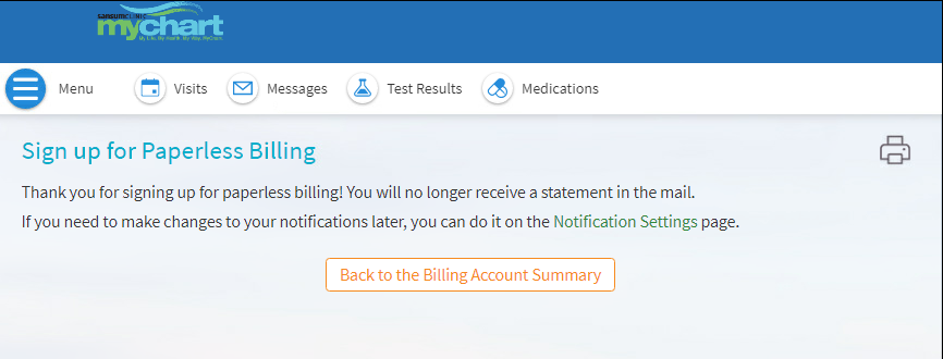 Paperless billing confirmation screen