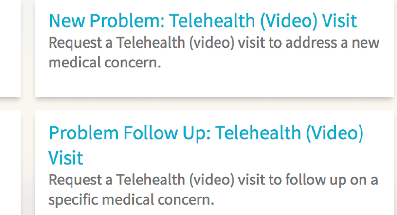 Select New Problem: Telehealth (Video) Visit