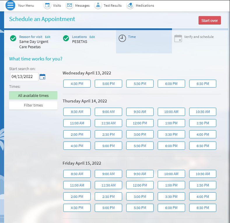 MyChart date and time view